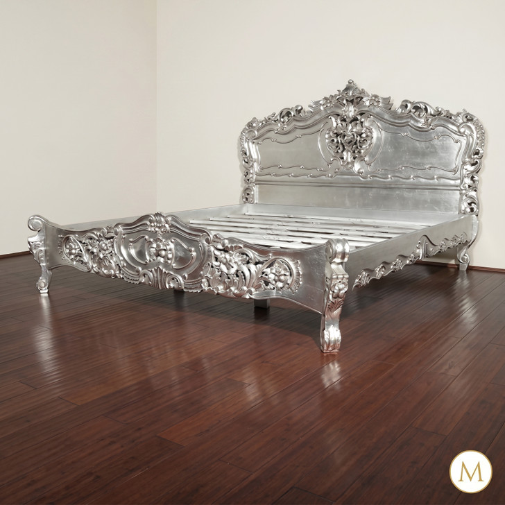 Antiqued Silver Leaf French Rococo Carved Panel Bed