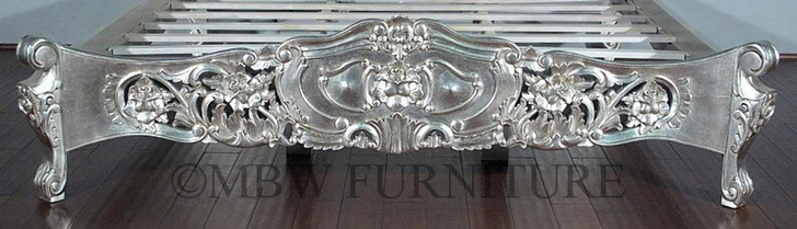Antiqued Silver Leaf French Rococo Carved Panel Bed