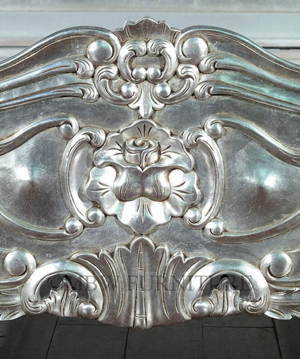 Antiqued Silver Leaf French Rococo Carved Panel Bed