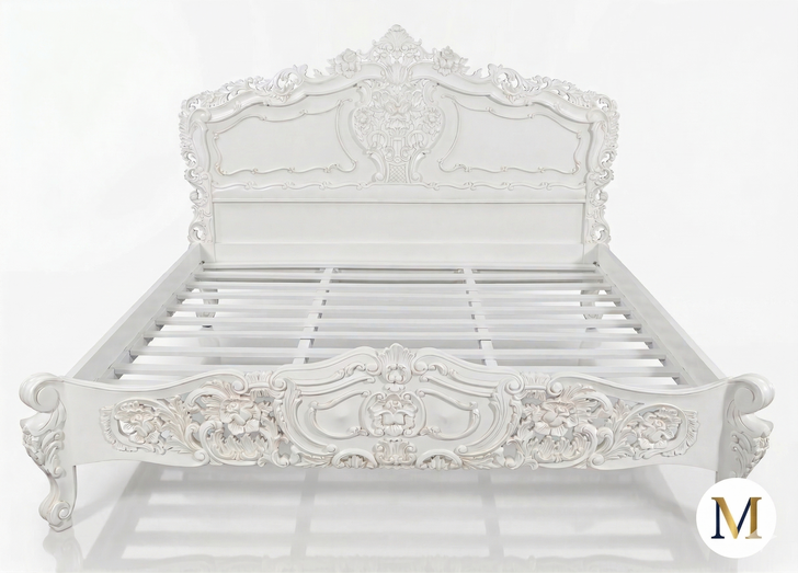 White Rococo Carved Panel Bed