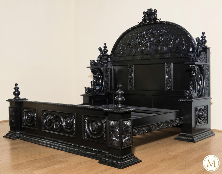 Black Gothic Revival Renaissance Hand-Carved Bed