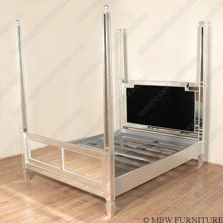 Distressed Silver Mirrored Four Post Bed