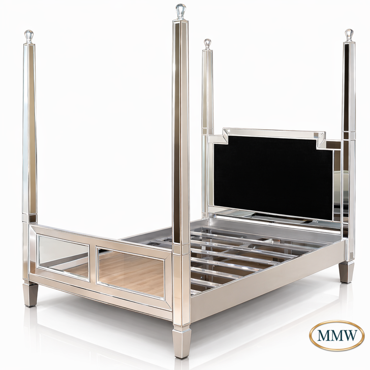 Distressed Silver Mirrored Four Poster Bed
