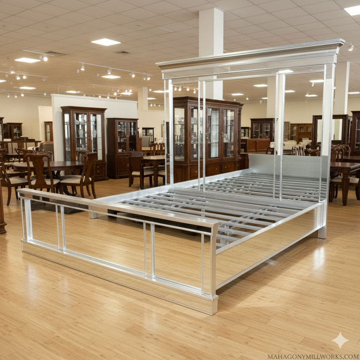 Modern Mirrored Silver Leaf Panel Bed w/ Oversized Headboard