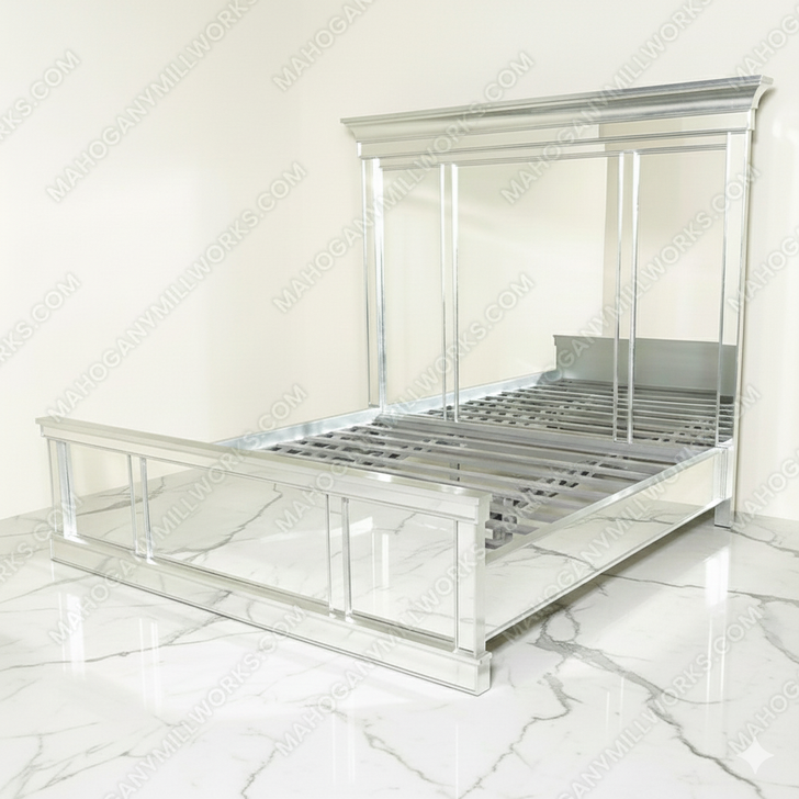Modern Mirrored Silver Leaf Panel Bed w/ Tall Headboard