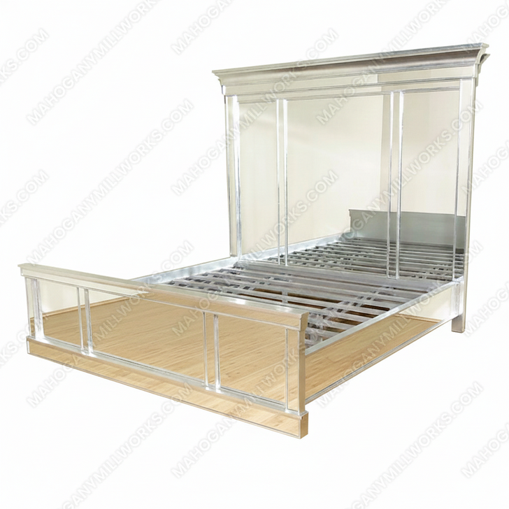 Modern Mirrored Silver Leaf Panel Bed w/ Tall Headboard
