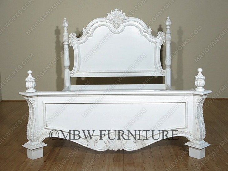 Shabby Chic French‑Style Hand‑Carved Distressed White Bed