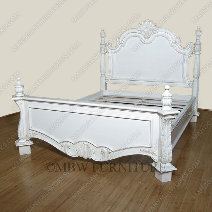 Shabby Chic French‑Style Hand‑Carved Distressed White Bed