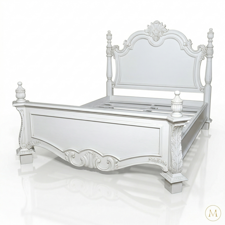 Shabby Chic French‑Style Hand‑Carved Distressed White Bed