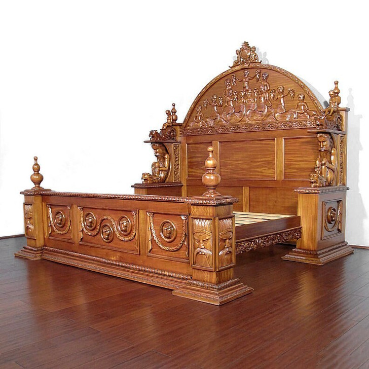 Light Mahogany Gothic Ornate Heavily Carved Bed 