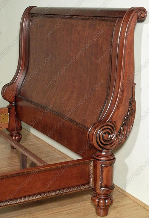Elegant Carved Mahogany Sleigh Bed Frame with Scroll Legs