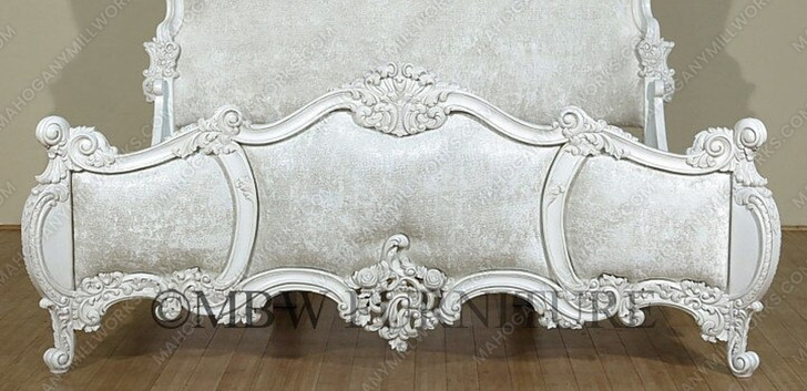 Solid Mahogany Antiqued White Finish French Rococo King Bed