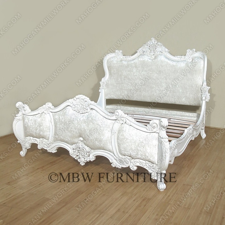 Solid Mahogany Antiqued White Finish French Rococo King Bed
