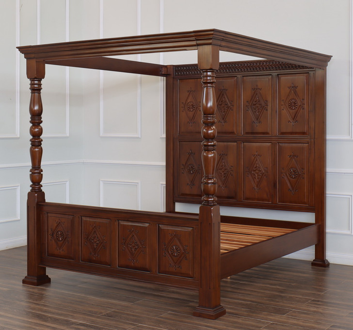 Light Walnut Canopy Bed w/ Diamond Paneled Headboard