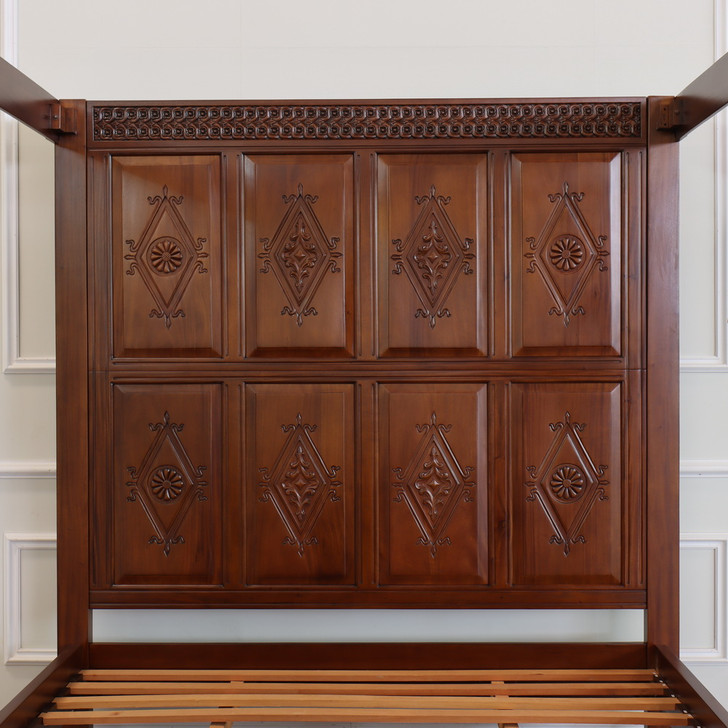 Light Walnut Canopy Bed w/ Diamond Paneled Headboard