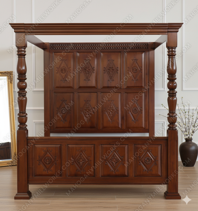 Light Walnut Canopy Bed w/ Diamond Paneled Headboard