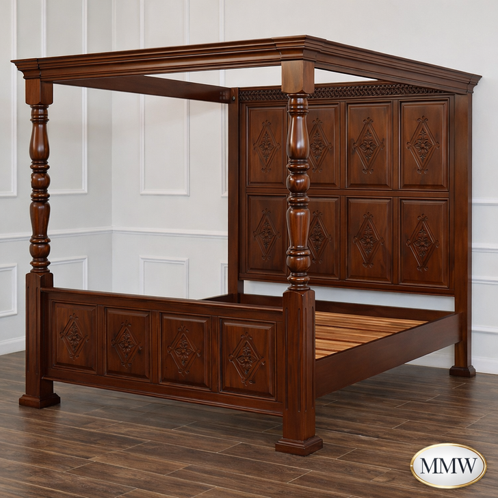 Light Walnut Canopy Bed w/ Diamond Paneled Headboard