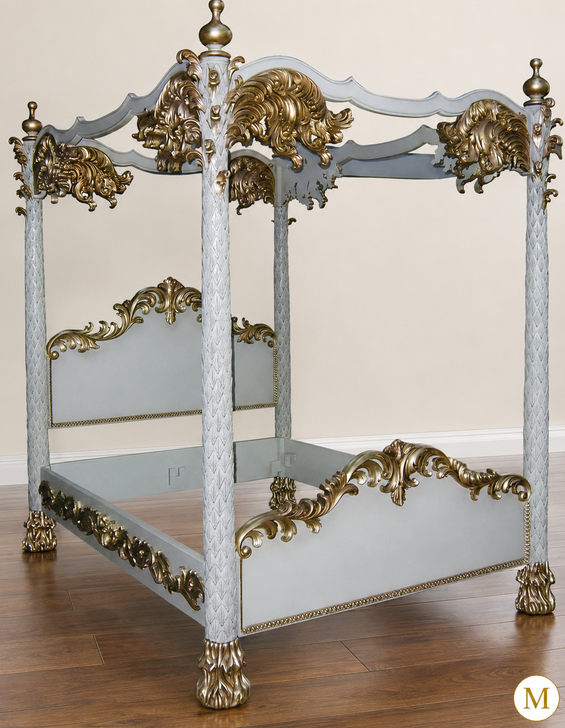 French Baroque Rococo Hand-Carved Canopy Bed