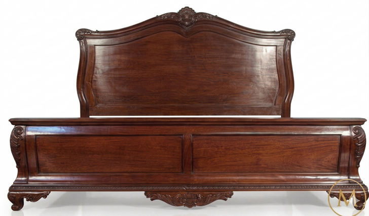Mahogany Distressed Bed w/ Carved Accents