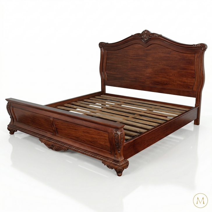 Mahogany Distressed Bed w/ Carved Accents