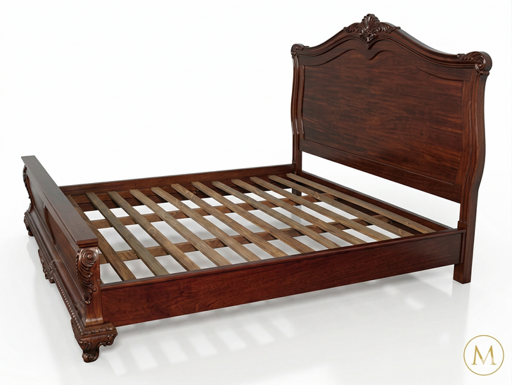 Mahogany Distressed Bed w/ Carved Accents