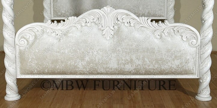 Solid Mahogany Italian Antiqued White Ca King Carved 4 Post Canopy Bed