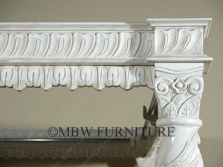 Antiqued White Carved Four Post Canopy Bed