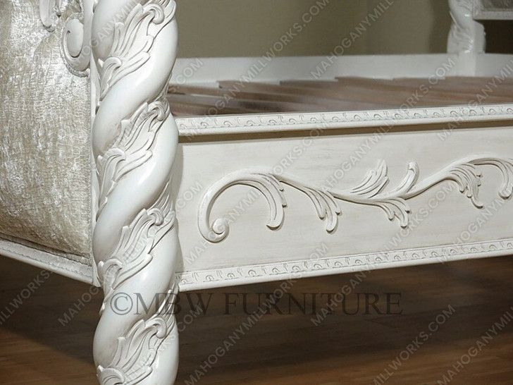 Antiqued White Carved Four Post Canopy Bed