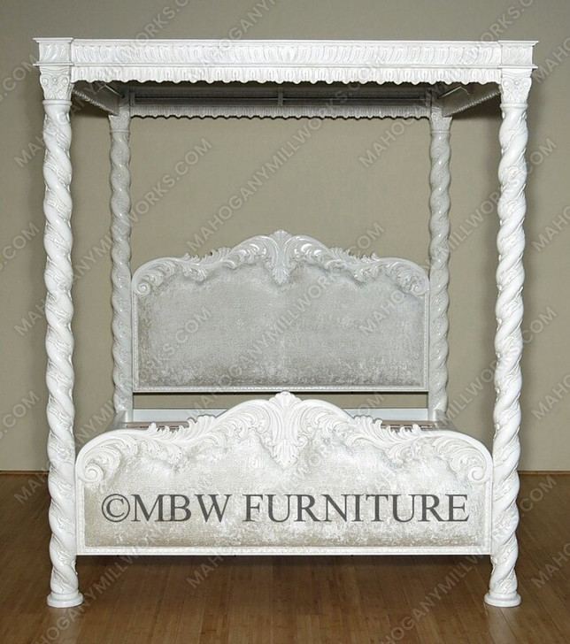 Antiqued White Carved Four Post Canopy Bed