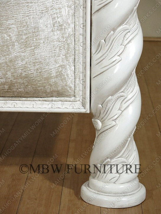 Antiqued White Carved Four Post Canopy Bed