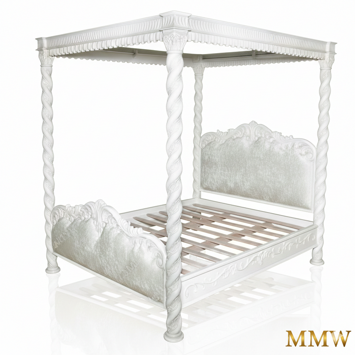 Antiqued White Carved Four Post Canopy Bed