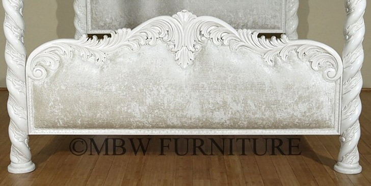 Antiqued White Carved Four Post Canopy Bed