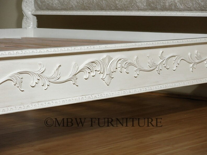 Antiqued White Carved Four Post Canopy Bed