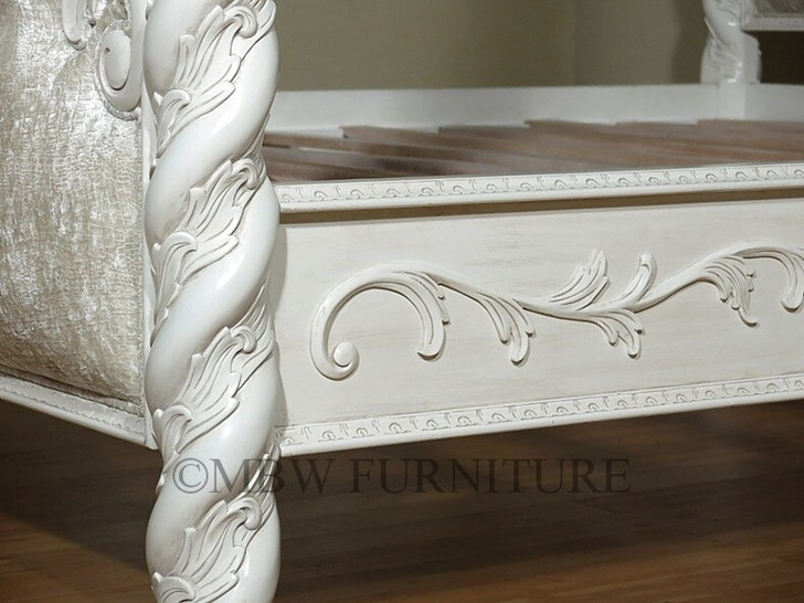 Antiqued White Carved Four Post Canopy Bed