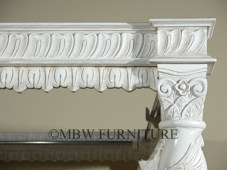 Antiqued White Carved Four Post Canopy Bed