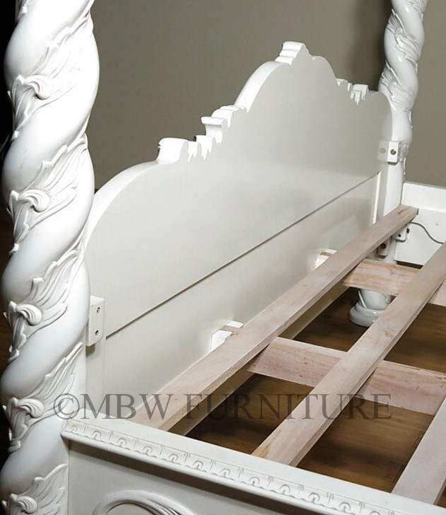 Antiqued White Carved Four Post Canopy Bed