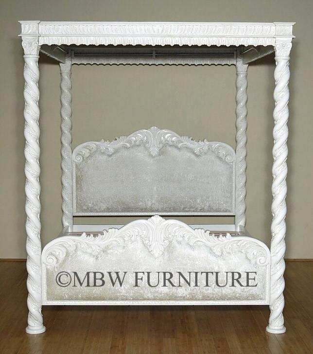 Antiqued White Carved Four Post Canopy Bed