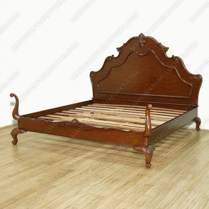 Solid Mahogany Hand Carved E. King Panel Bed w/ Scrolls
