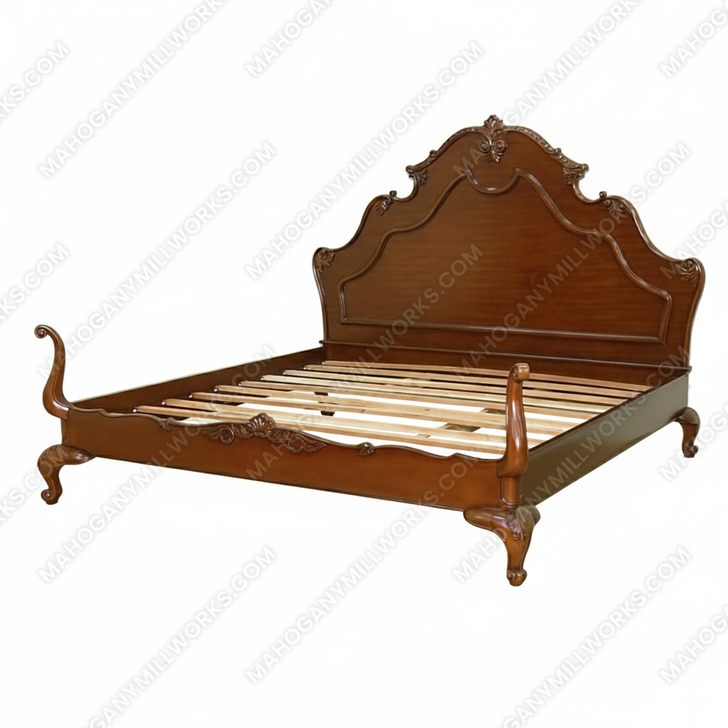 Solid Mahogany Hand Carved E. King Panel Bed w/ Scrolls