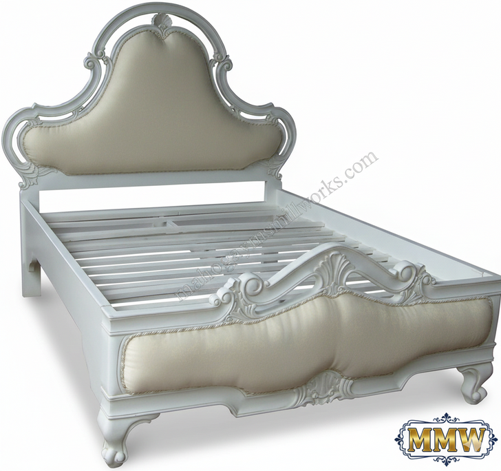 Shabby Cottage White Bed w/ Cream Upholstery