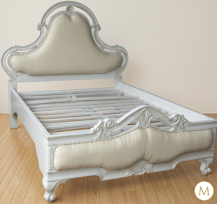 Shabby Cottage White Bed w/ Cream Upholstery