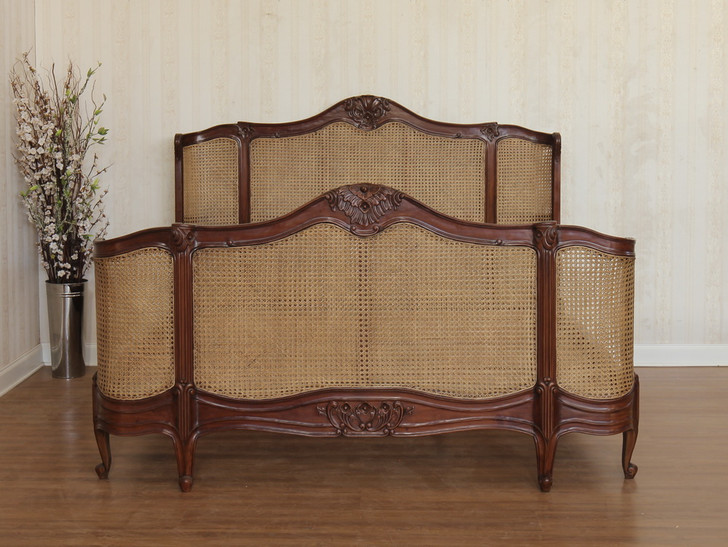 Pecan Cane Rattan Country Farmhouse Panel Bed