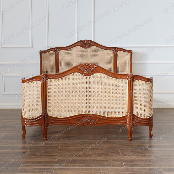 Pecan Cane Rattan Country Farmhouse Panel Bed