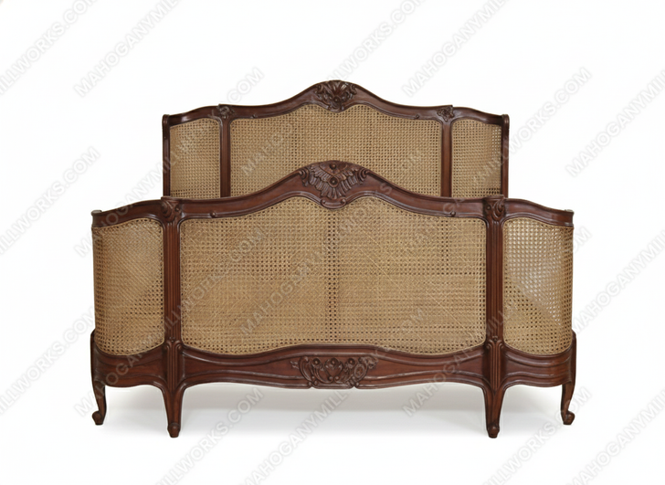 Pecan Cane Rattan Country Farmhouse Panel Bed
