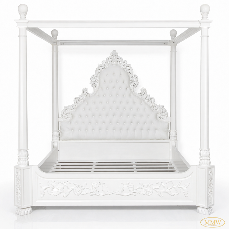 White Carved Four Poster Canopy Bed