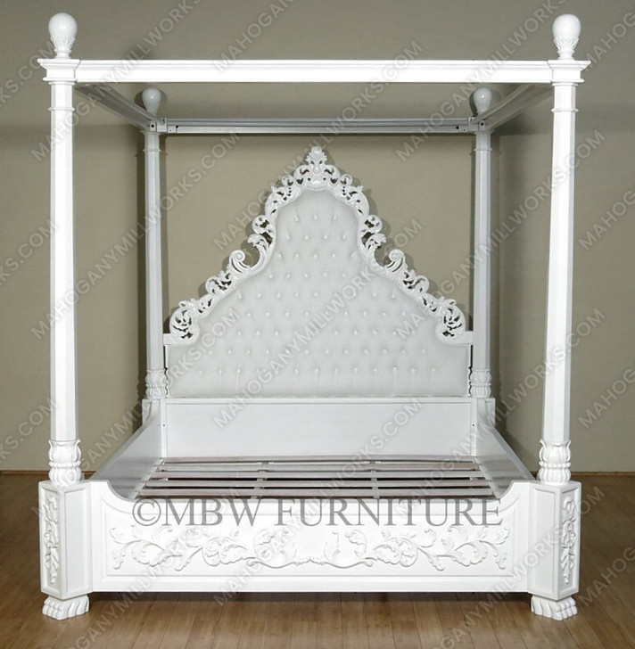 White Carved Four Poster Canopy Bed