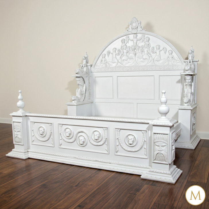 White Neoclassical Empire Revival Hand-Carved Bed