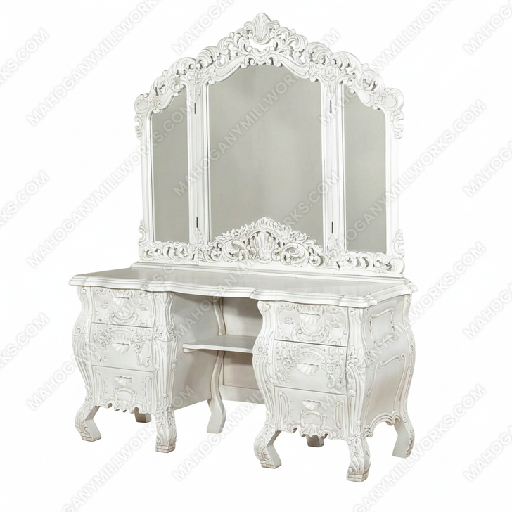 Antiqued White French Rococo Vanity Mirror Dresser