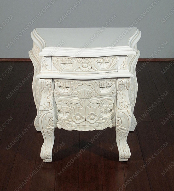Antiqued White Rococo Nightstand / Bedside Table/Chest