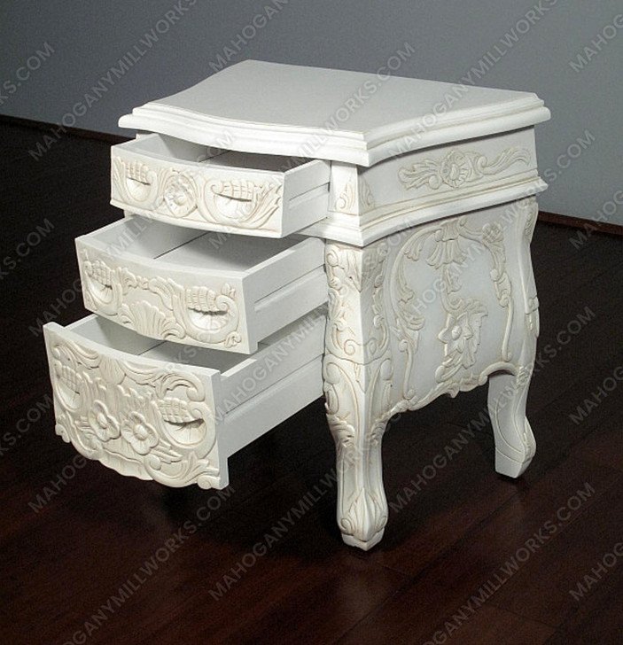 Antiqued White Rococo Nightstand / Bedside Table/Chest